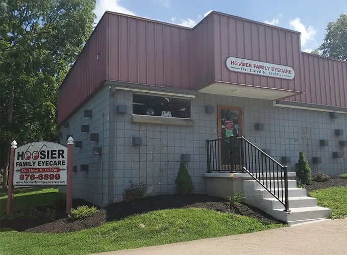 The front exterior of the Hoosier Family Eyecare, Dr. Lloyd K. DeWar, Jr. building