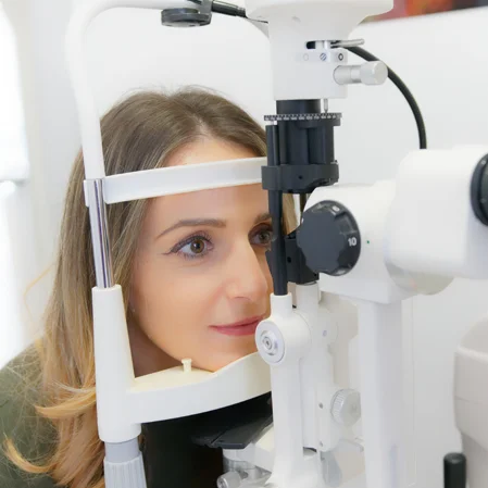 A patient during a slit lamp exam